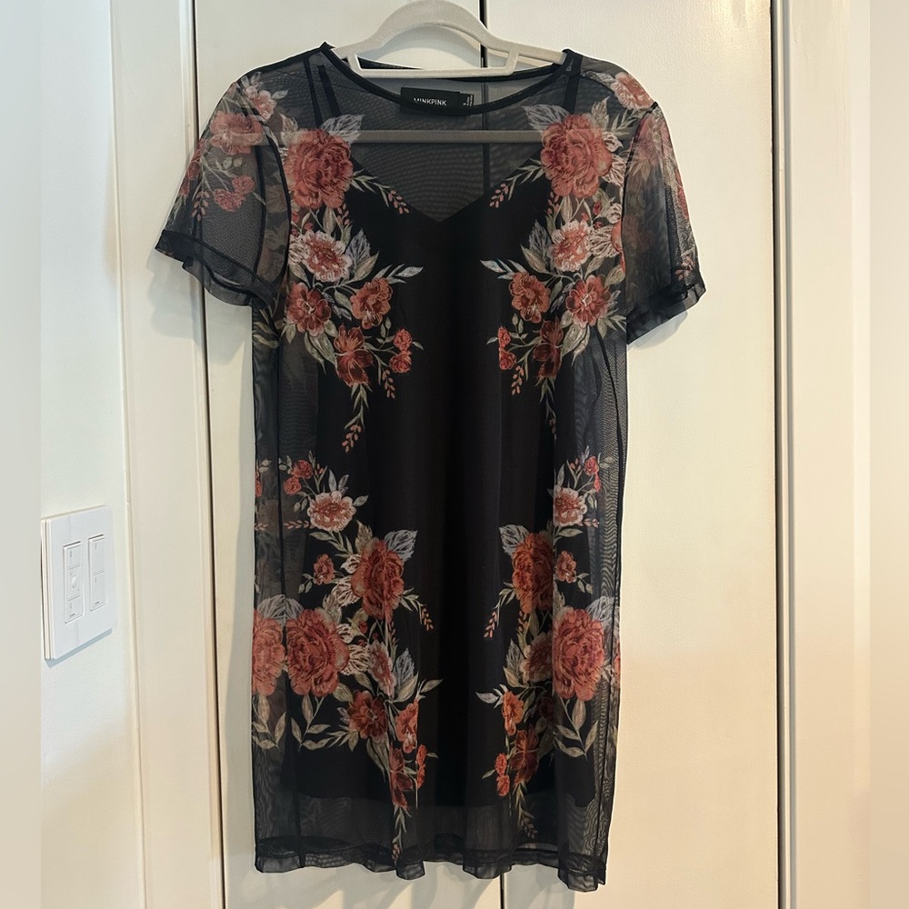 MINKPINK Black Mesh Dress with Pink Floral Accents